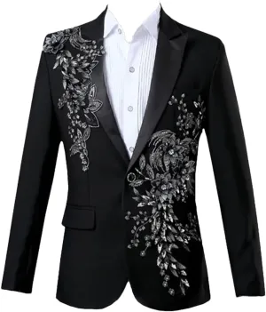 Men’S Vintage Polyester Single Breasted Blazer with Appliqued Design Regular Length Long Sleeve Wedding Stage Wear