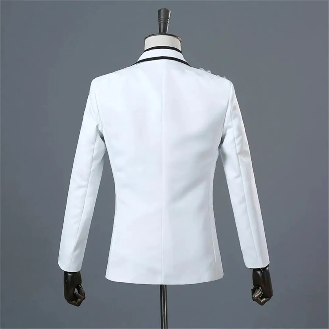 Men’S Vintage Polyester Single Breasted Blazer with Appliqued Design Regular Length Long Sleeve Wedding Stage Wear