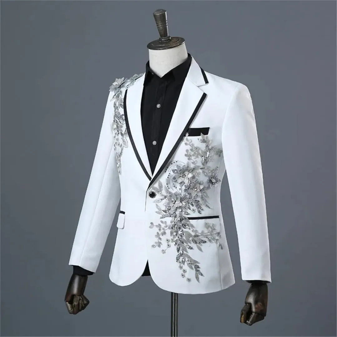 Men’S Vintage Polyester Single Breasted Blazer with Appliqued Design Regular Length Long Sleeve Wedding Stage Wear