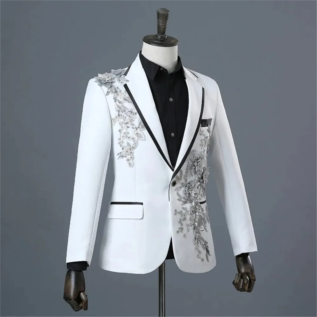 Men’S Vintage Polyester Single Breasted Blazer with Appliqued Design Regular Length Long Sleeve Wedding Stage Wear