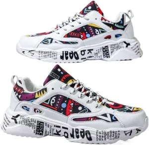 Men's White Thick-Soled Athletic Shoes With Graffiti Pattern, Lace-Up Front, Comfortable, Lightweight, Round Toe, Versatile, Breathable, Suitable For Walking, Casual, Sports And Campus Youth Style
