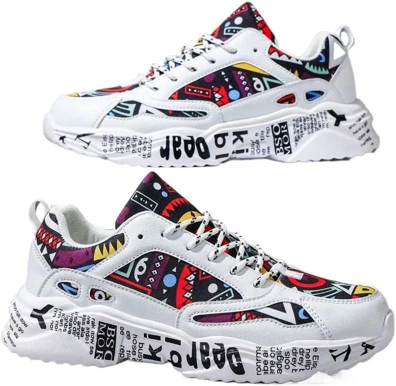Men's White Thick-Soled Athletic Shoes With Graffiti Pattern, Lace-Up Front, Comfortable, Lightweight, Round Toe, Versatile, Breathable, Suitable For Walking, Casual, Sports And Campus Youth Style