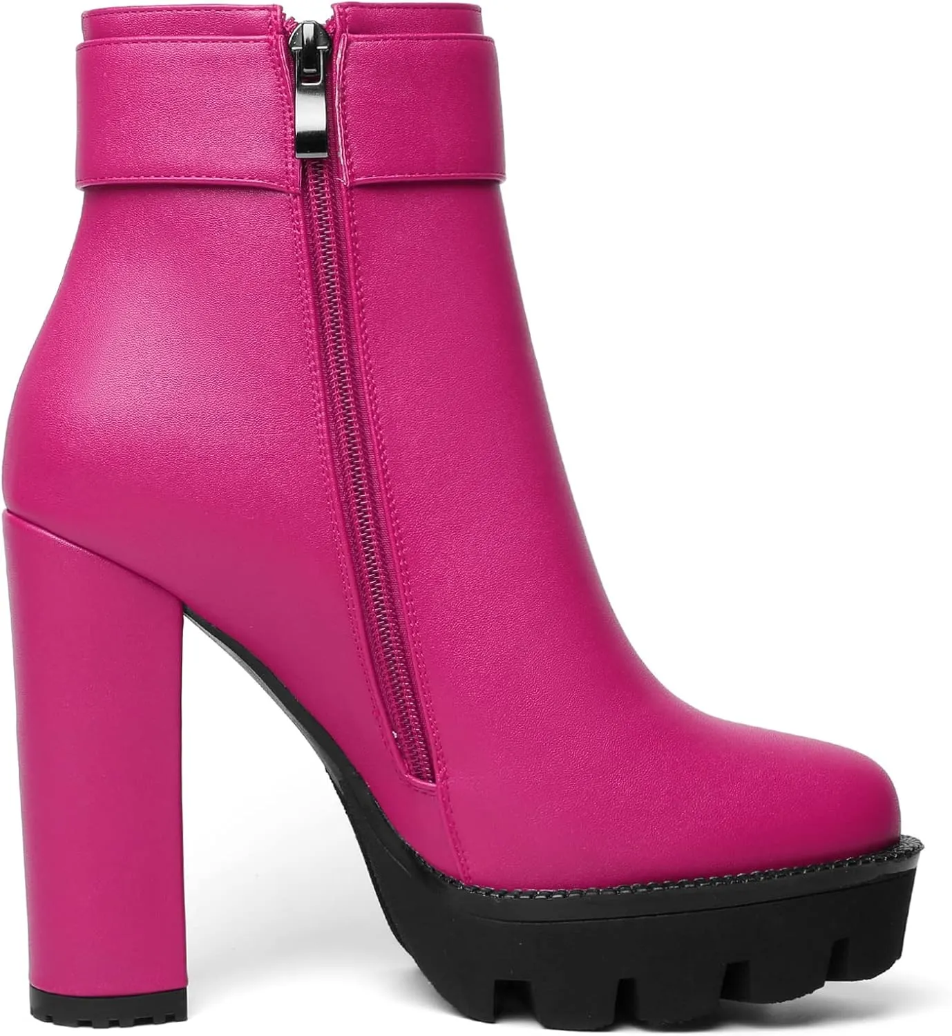 Mettesally Womens Platform Buckle Ankle Boots Round Toe Chunky Block High Heels Side Zipper Short Boots Office Winter Shoes