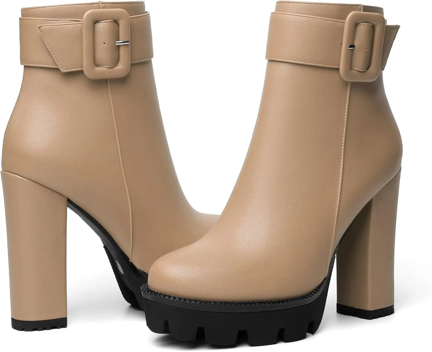 Mettesally Womens Platform Buckle Ankle Boots Round Toe Chunky Block High Heels Side Zipper Short Boots Office Winter Shoes