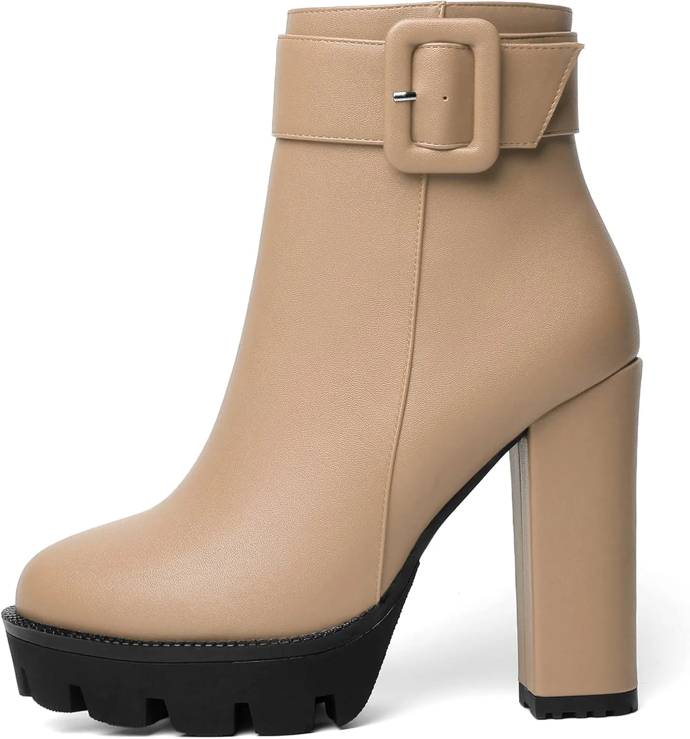 Mettesally Womens Platform Buckle Ankle Boots Round Toe Chunky Block High Heels Side Zipper Short Boots Office Winter Shoes