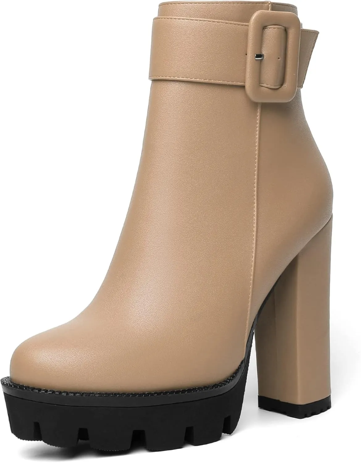 Mettesally Womens Platform Buckle Ankle Boots Round Toe Chunky Block High Heels Side Zipper Short Boots Office Winter Shoes