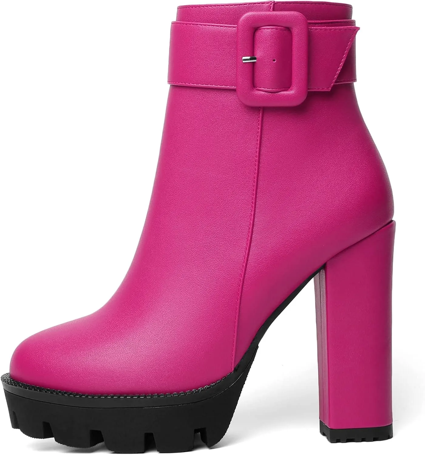 Mettesally Womens Platform Buckle Ankle Boots Round Toe Chunky Block High Heels Side Zipper Short Boots Office Winter Shoes