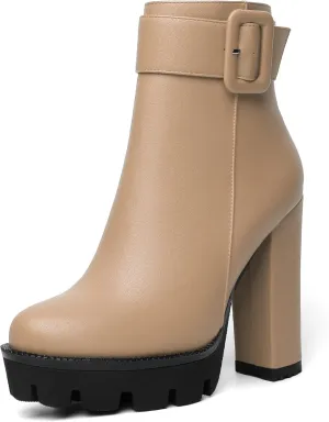 Mettesally Womens Platform Buckle Ankle Boots Round Toe Chunky Block High Heels Side Zipper Short Boots Office Winter Shoes