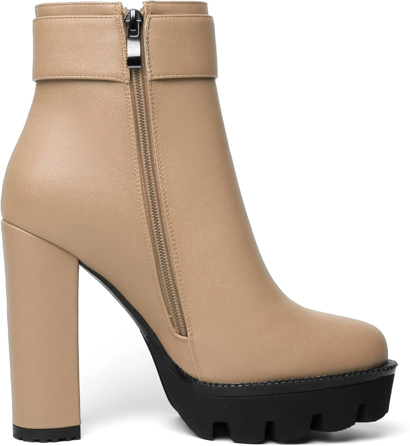 Mettesally Womens Platform Buckle Ankle Boots Round Toe Chunky Block High Heels Side Zipper Short Boots Office Winter Shoes