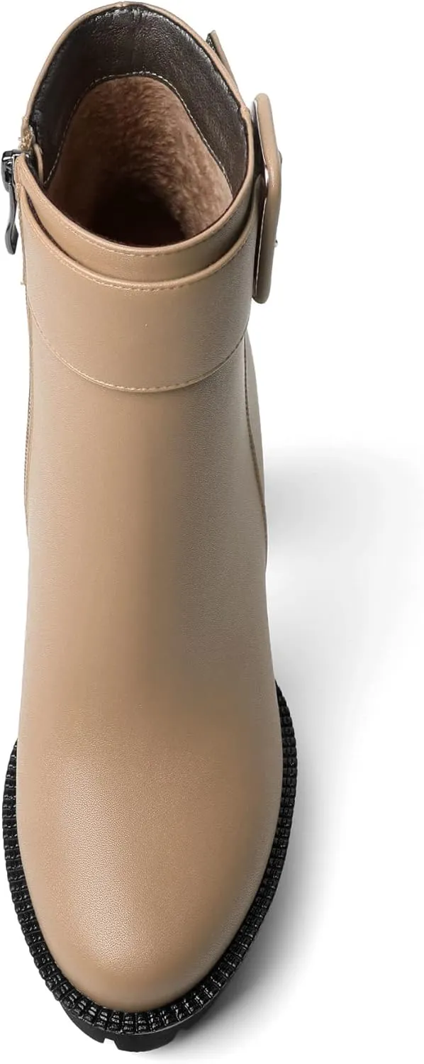 Mettesally Womens Platform Buckle Ankle Boots Round Toe Chunky Block High Heels Side Zipper Short Boots Office Winter Shoes