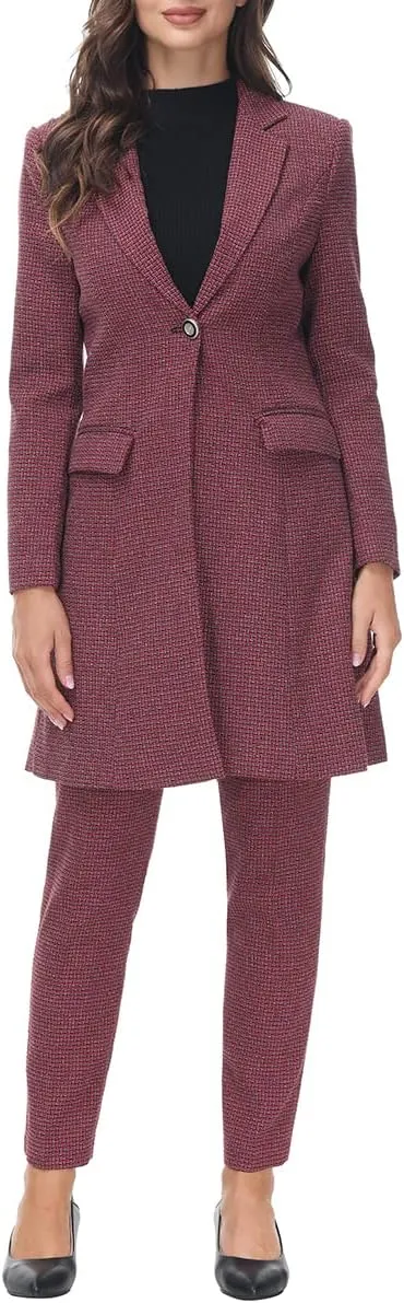 MODFUL Women's 2 Piece Long Blazer with Pants Set Small Plaid Elegant Suit Set for Casual Business Office