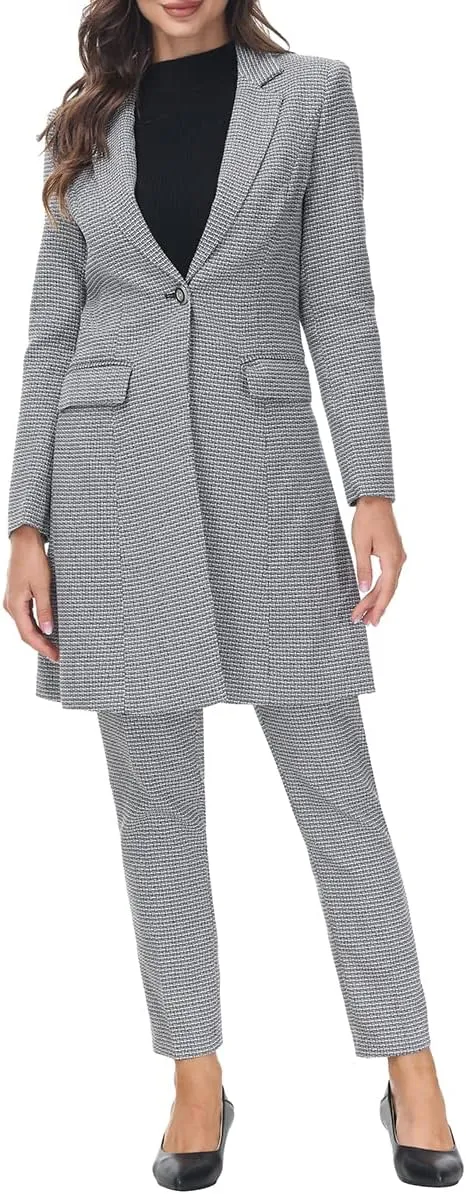 MODFUL Women's 2 Piece Long Blazer with Pants Set Small Plaid Elegant Suit Set for Casual Business Office