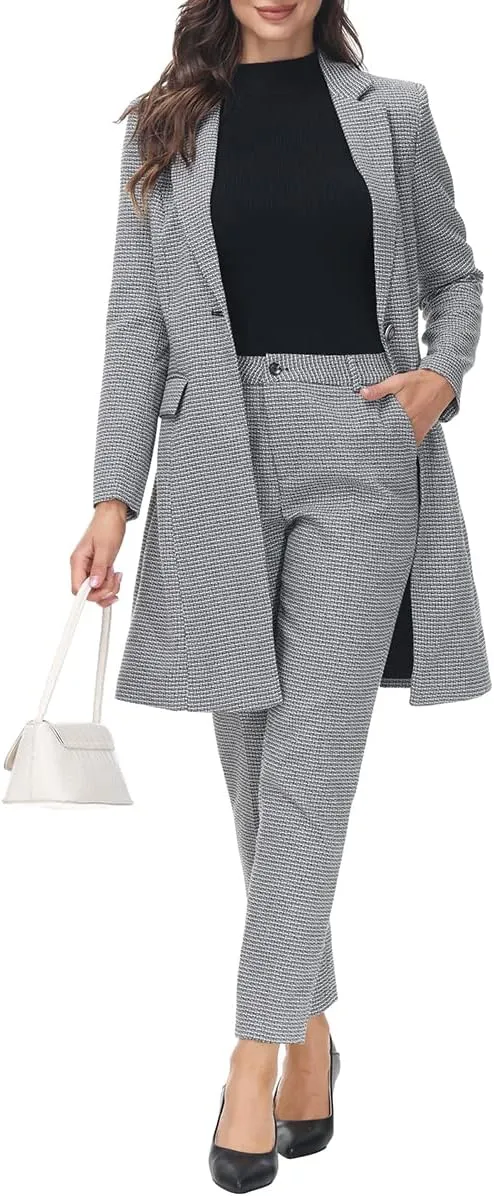 MODFUL Women's 2 Piece Long Blazer with Pants Set Small Plaid Elegant Suit Set for Casual Business Office