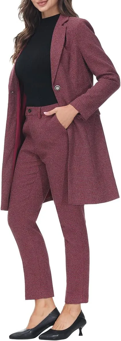 MODFUL Women's 2 Piece Long Blazer with Pants Set Small Plaid Elegant Suit Set for Casual Business Office