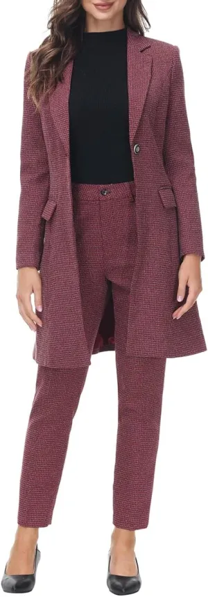 MODFUL Women's 2 Piece Long Blazer with Pants Set Small Plaid Elegant Suit Set for Casual Business Office