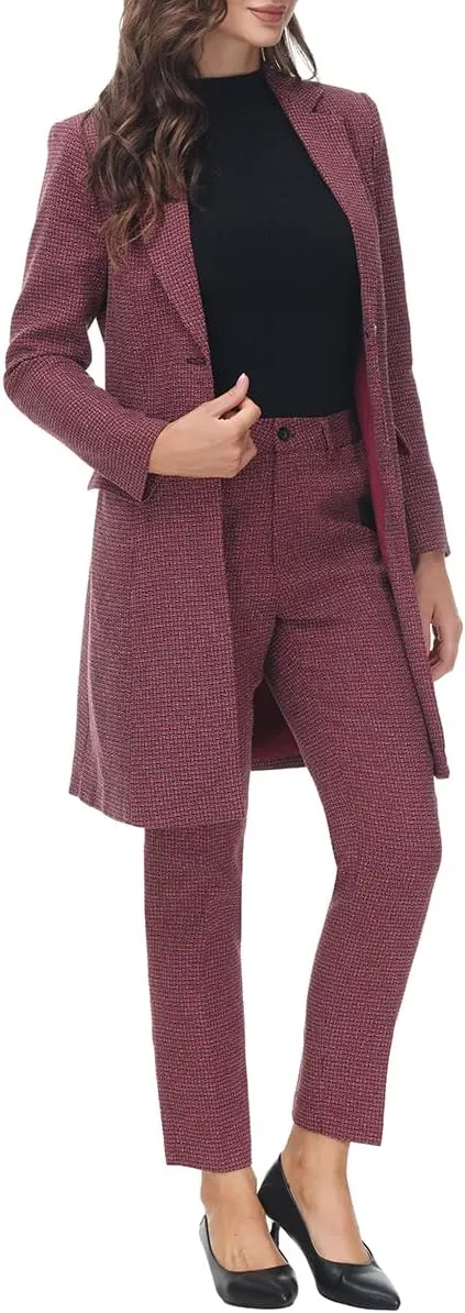 MODFUL Women's 2 Piece Long Blazer with Pants Set Small Plaid Elegant Suit Set for Casual Business Office