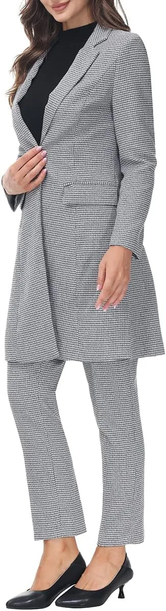 MODFUL Women's 2 Piece Long Blazer with Pants Set Small Plaid Elegant Suit Set for Casual Business Office