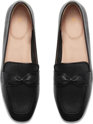 MOOMMO Women Square Toe Flat Heel Loafer Shoes Bow Slip On Penny Loafers Office 1 inch Low Thick Heel Dress Loafers Oxford Matte Casual Driver Walking Loafer Flats Party Wedding Fall Spring 4-11 M US