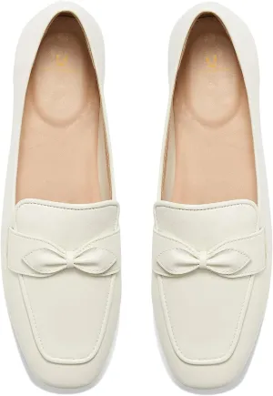 MOOMMO Women Square Toe Flat Heel Loafer Shoes Bow Slip On Penny Loafers Office 1 inch Low Thick Heel Dress Loafers Oxford Matte Casual Driver Walking Loafer Flats Party Wedding Fall Spring 4-11 M US