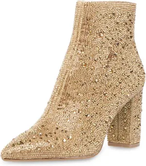 MUCCCUTE Women's Rhinestone Ankle Boots Point-Toe Block Chunky Heel Sparkly Party Wedding Booties Glitter Dressy Fashion Short Boots