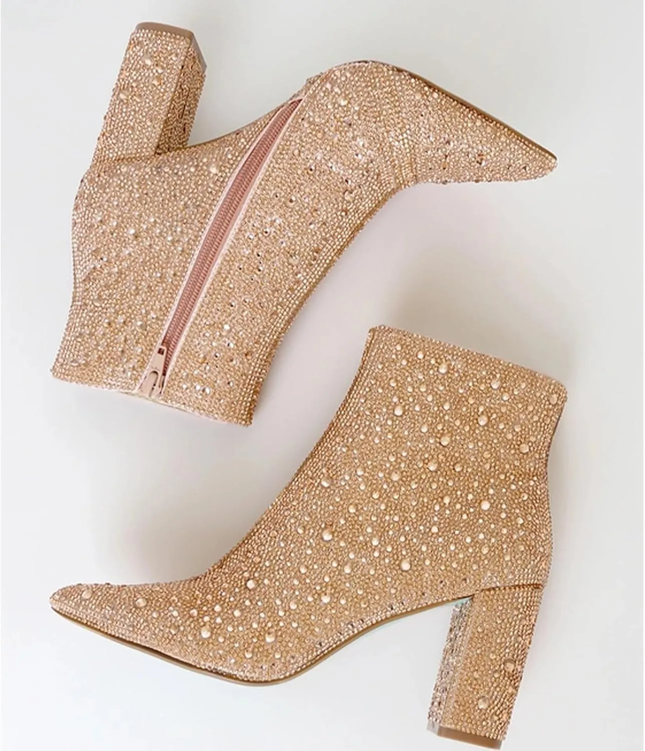 MUCCCUTE Women's Rhinestone Ankle Boots Point-Toe Block Chunky Heel Sparkly Party Wedding Booties Glitter Dressy Fashion Short Boots