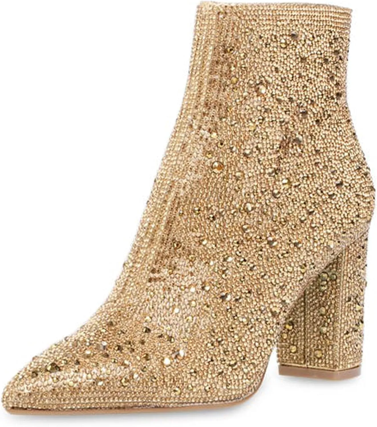 MUCCCUTE Women's Rhinestone Ankle Boots Point-Toe Block Chunky Heel Sparkly Party Wedding Booties Glitter Dressy Fashion Short Boots