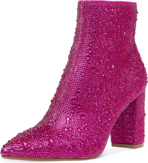 MUCCCUTE Women's Rhinestone Ankle Boots Point-Toe Block Chunky Heel Sparkly Party Wedding Booties Glitter Dressy Fashion Short Boots