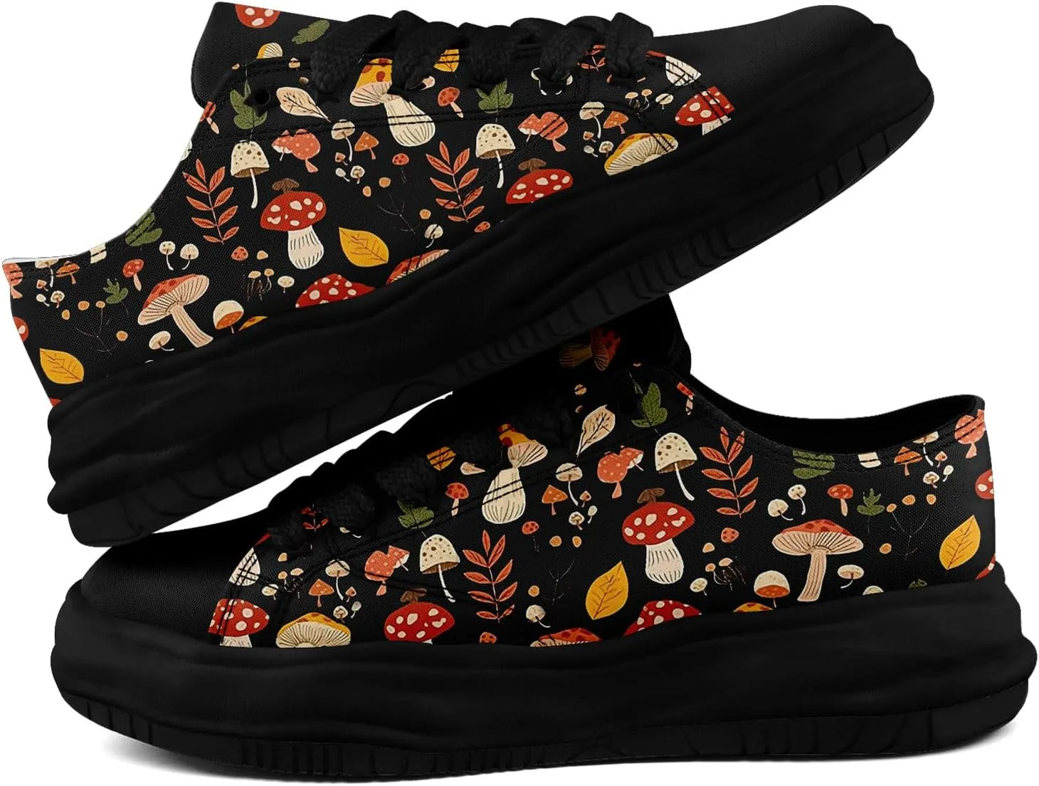 Mushroom Floral Canvas Sneakers for Women's Men's Low-Top Trendy Lace-Up Walking Casual Shoes Spring Summer Footwear