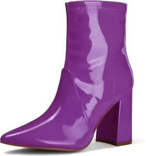 mysoft Women's GoGo Boots Mid Calf Block Heel Ankle Boots Pointed Toe Patent Leather Side Zipper Booties