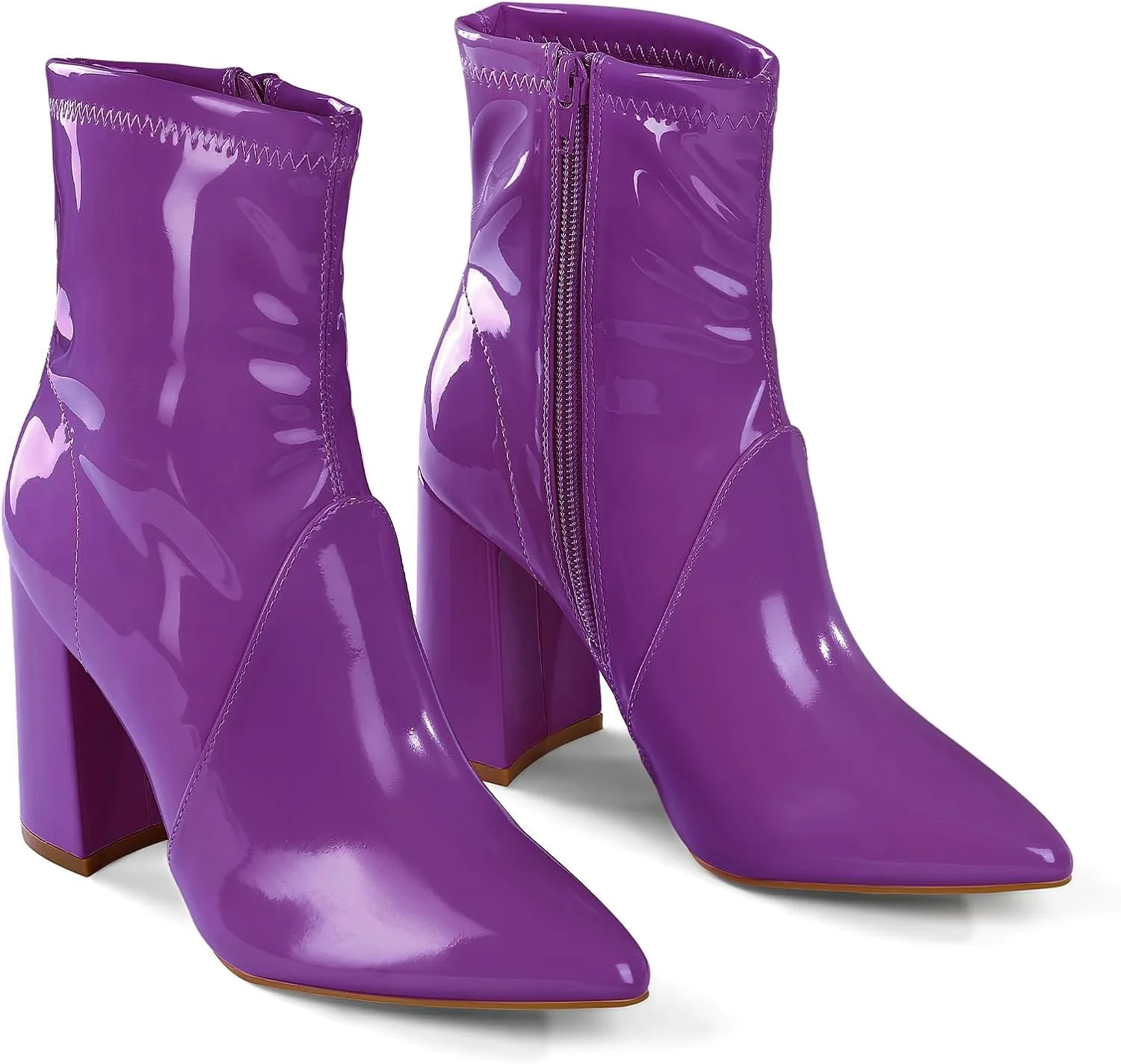 mysoft Women's GoGo Boots Mid Calf Block Heel Ankle Boots Pointed Toe Patent Leather Side Zipper Booties