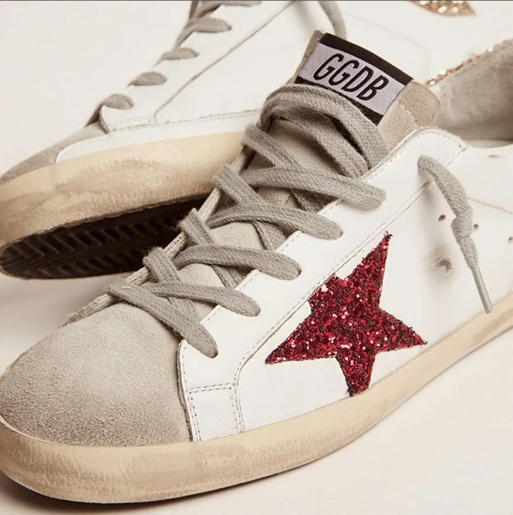 nesho White Leather Sneakers for Women Trendy Sequins Trainers Lace-up Low-top Sport Shoes