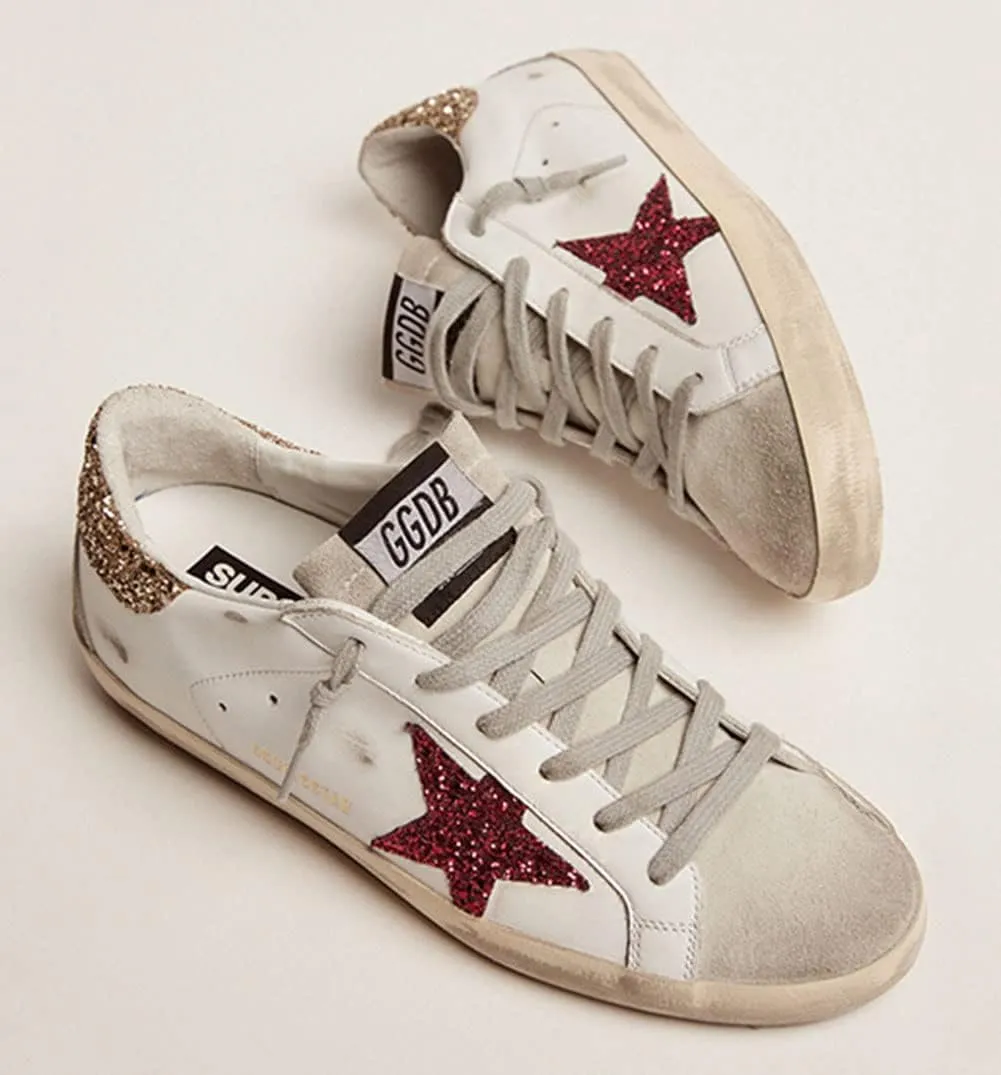 nesho White Leather Sneakers for Women Trendy Sequins Trainers Lace-up Low-top Sport Shoes