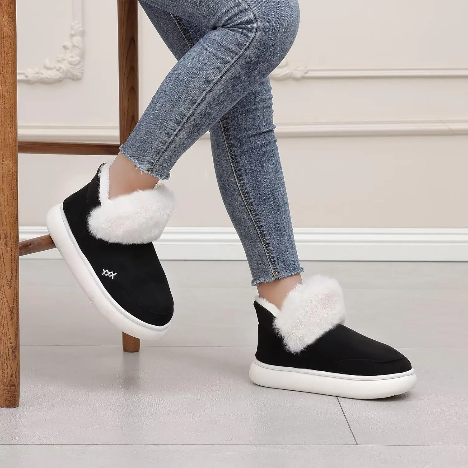 NineCiFun Women's Suede Bootie Slippers Warm Fuzzy Slippers with Faux Fur Lining Cozy Memory Foam Indoor House Shoes