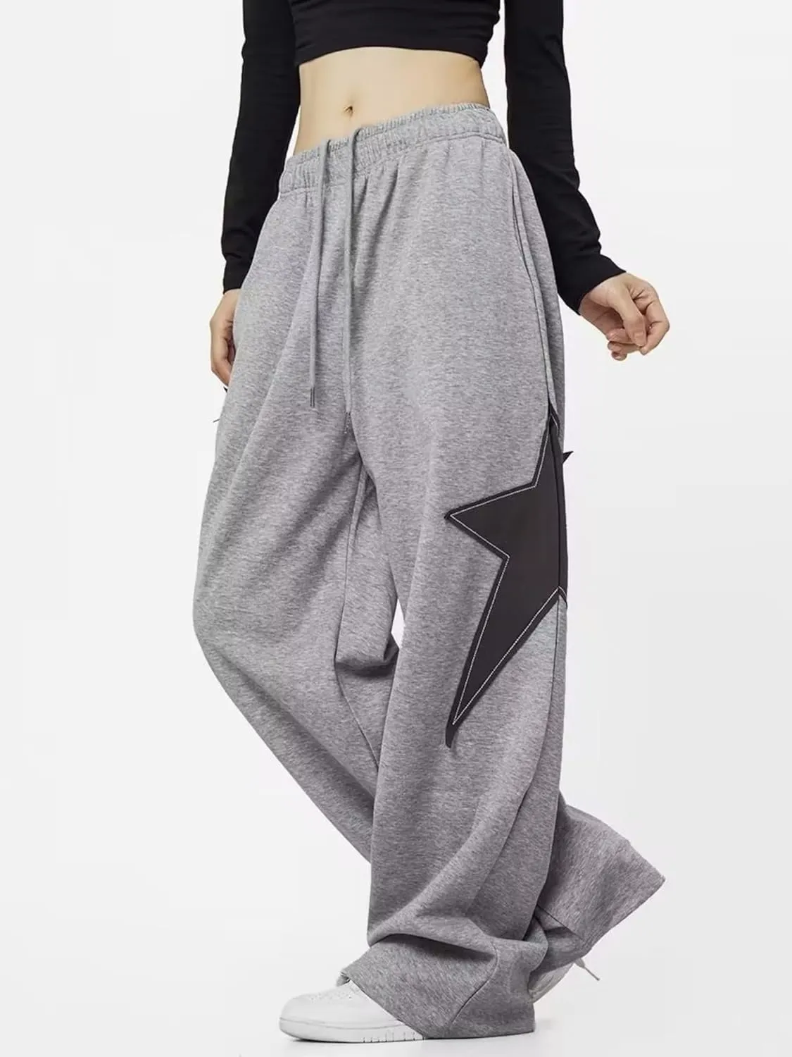 OCUH Star Pants Y2k Sweatpants Drawstring Elastic Waist Baggy Loose Straight Leg Trousers Casual Streetwear