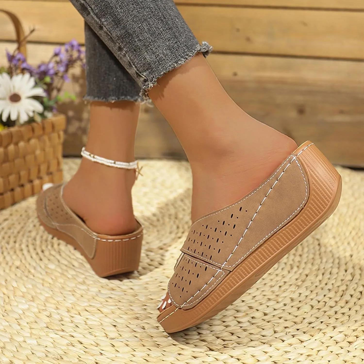 Platform Sandals Women Summer Orthopedic Arch Support Flat Slip on Wide Width Leather Wedge Sandals Damping Sole Upgradation Stretch Lightweight Heels Sandals Diabetic Walking Shoes