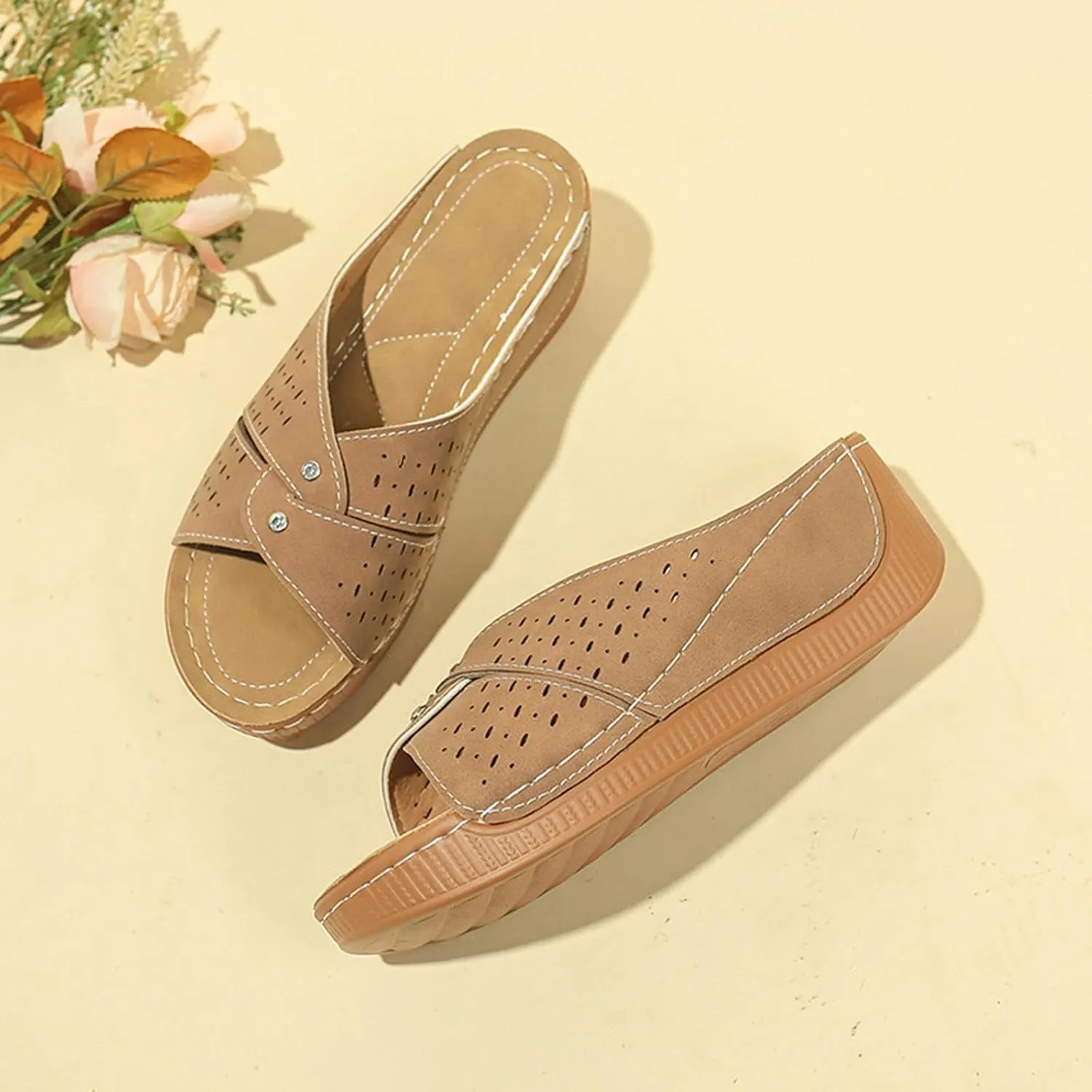 Platform Sandals Women Summer Orthopedic Arch Support Flat Slip on Wide Width Leather Wedge Sandals Damping Sole Upgradation Stretch Lightweight Heels Sandals Diabetic Walking Shoes