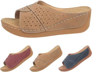 Platform Sandals Women Summer Orthopedic Arch Support Flat Slip on Wide Width Leather Wedge Sandals Damping Sole Upgradation Stretch Lightweight Heels Sandals Diabetic Walking Shoes