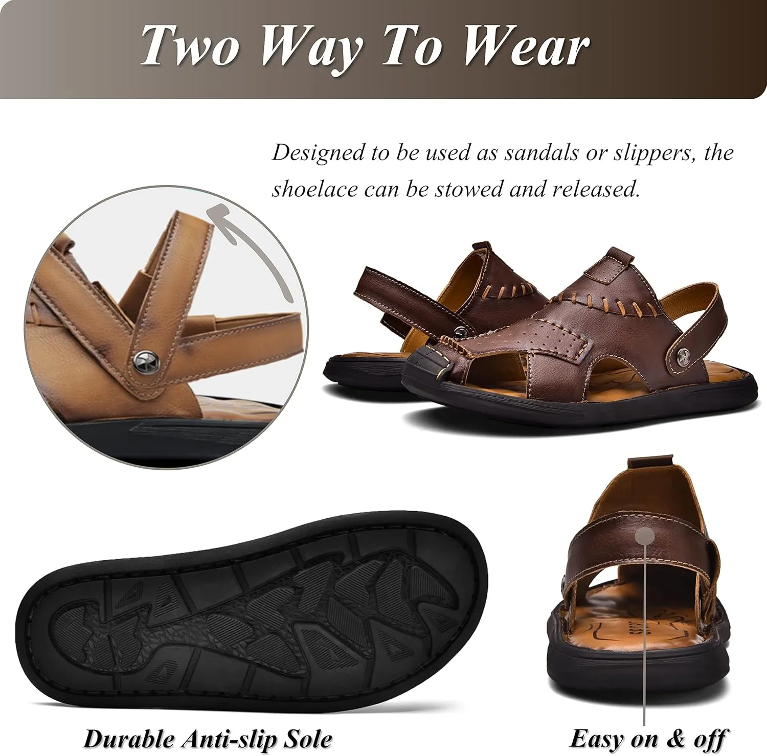 Qiucdzi Mens Leather Sandals, Closed-Toe Hiking Sandals Slip-on Summer Sandals Adjustable Athletic Beach Sandals Handmade Fisherman Shoes for Outdoor
