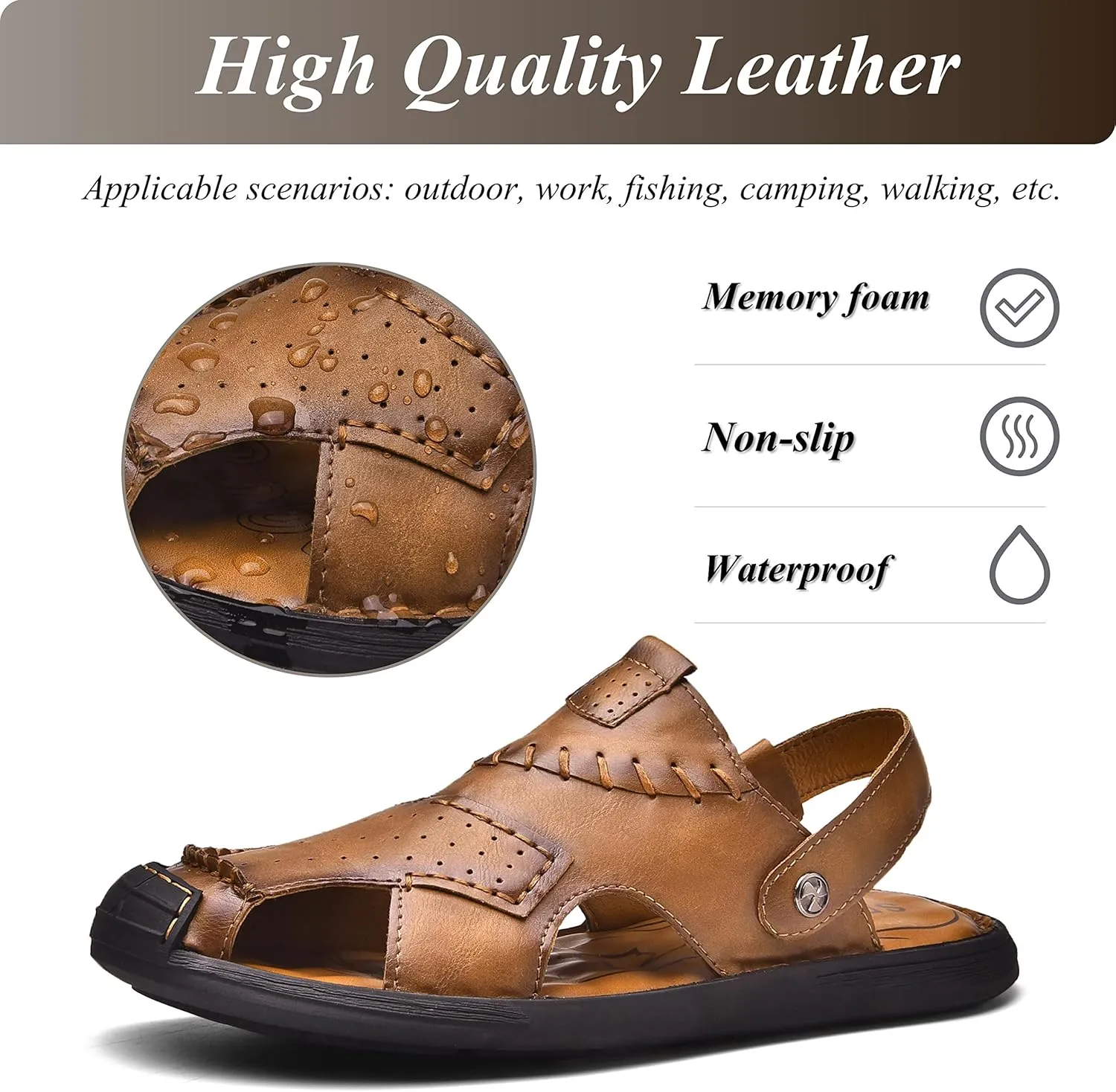Qiucdzi Mens Leather Sandals, Closed-Toe Hiking Sandals Slip-on Summer Sandals Adjustable Athletic Beach Sandals Handmade Fisherman Shoes for Outdoor