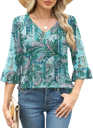 Rapbin 3/4 Length Sleeve Womens Tops Summer Lace Ruffles Sleeve T Shirts V-Neck Dressy Casual Trendy Tunic Blouses