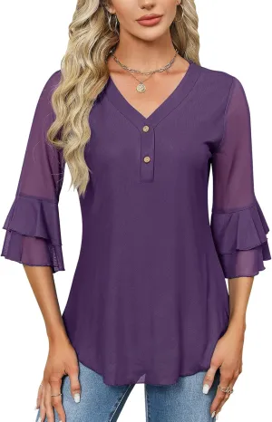 Rapbin Women Dressy Blouse 3/4 Sleeve Tiered Bell Sleeve Double Layers Mesh Shirt Trendy Flowy Tunic