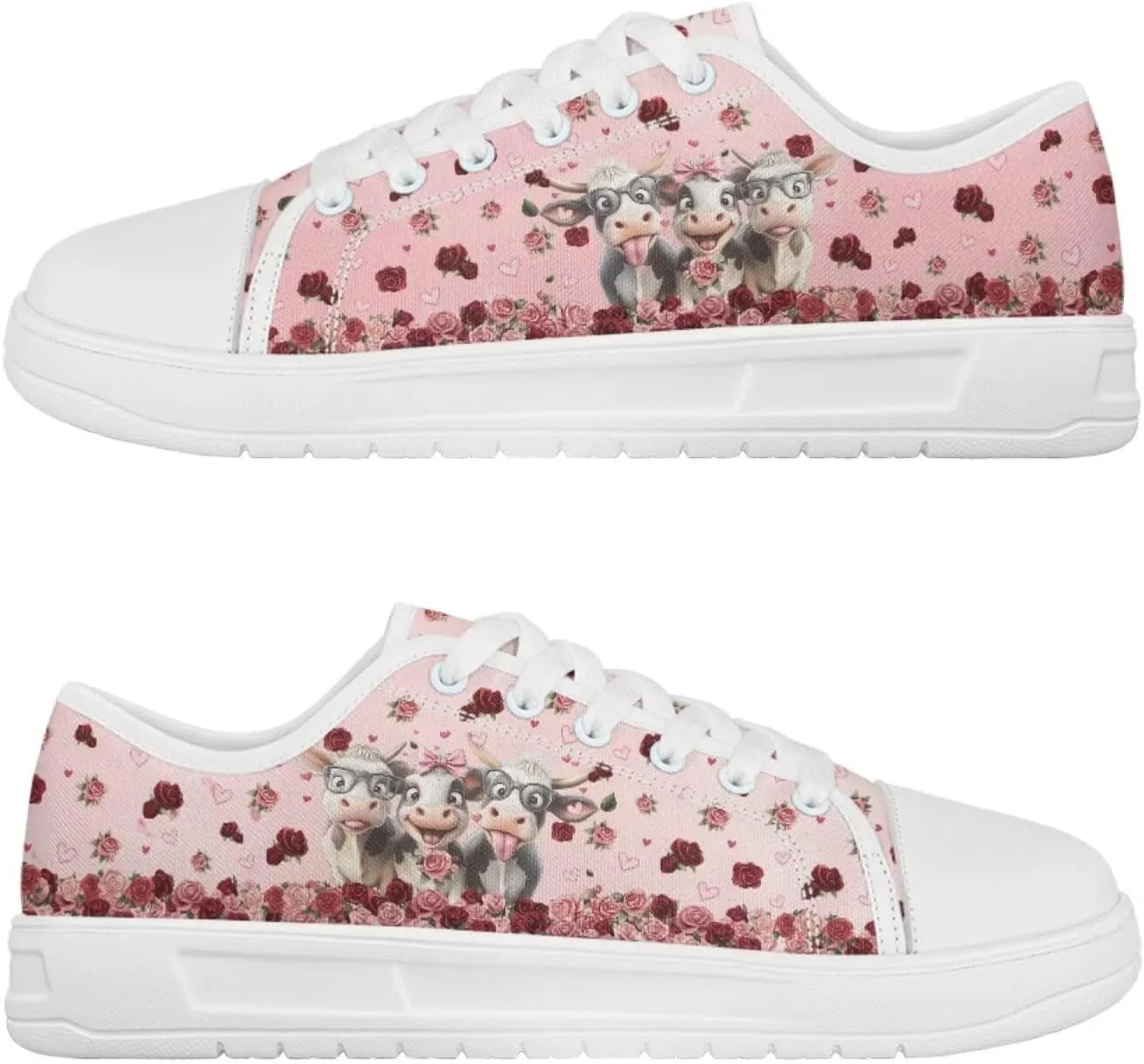 Red Rose Girls Canvas Sneakers Casual Work Animal Print Slip On Tennis Shoes Arch Support Footwear with White Sole