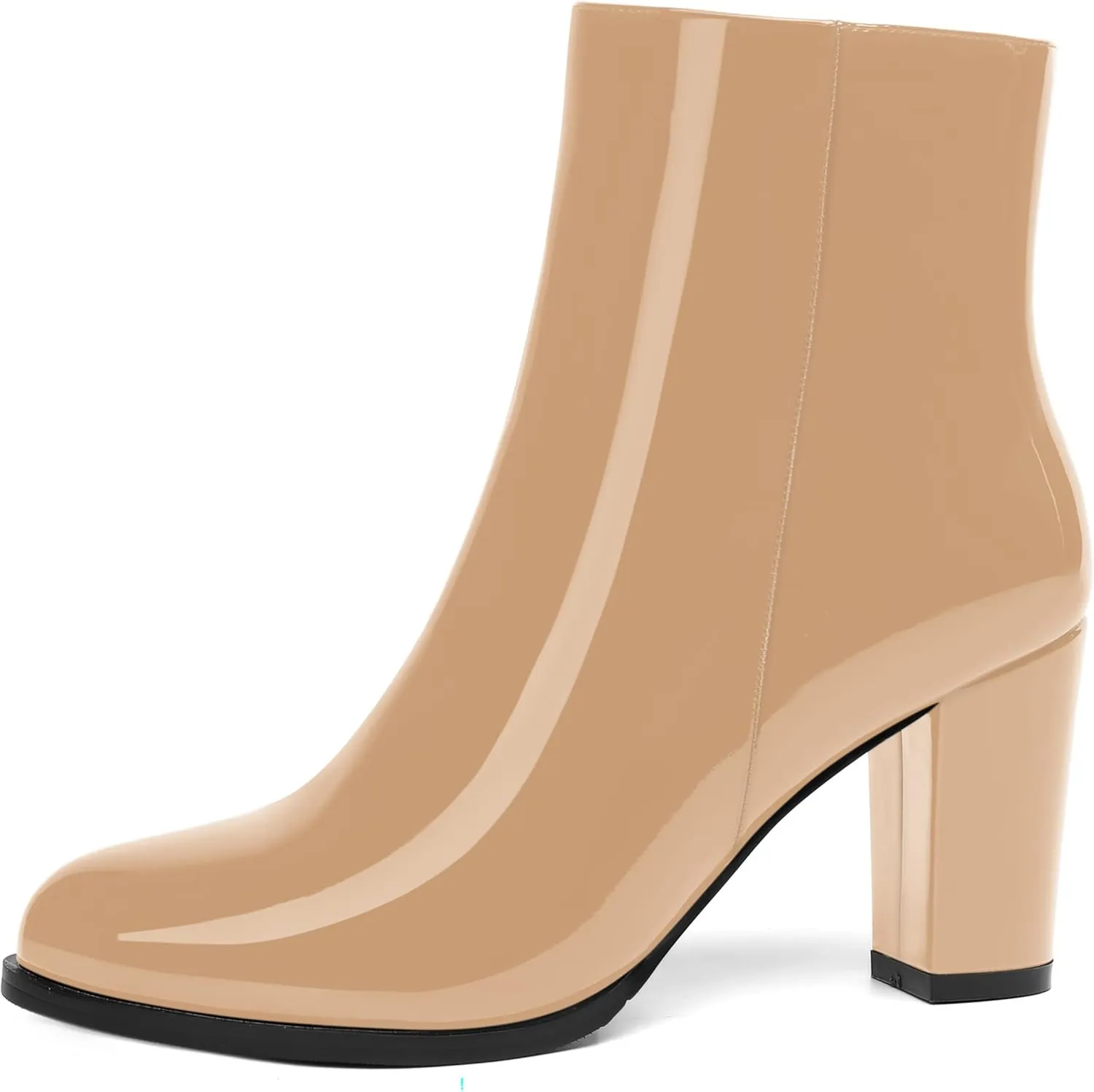 ROSERWISH Womens Fashion Casual Fall Winter Patent Round Toe Side Zip Block High Heel Ankle High Boots 3.5 Inch