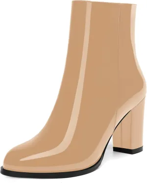 ROSERWISH Womens Fashion Casual Fall Winter Patent Round Toe Side Zip Block High Heel Ankle High Boots 3.5 Inch