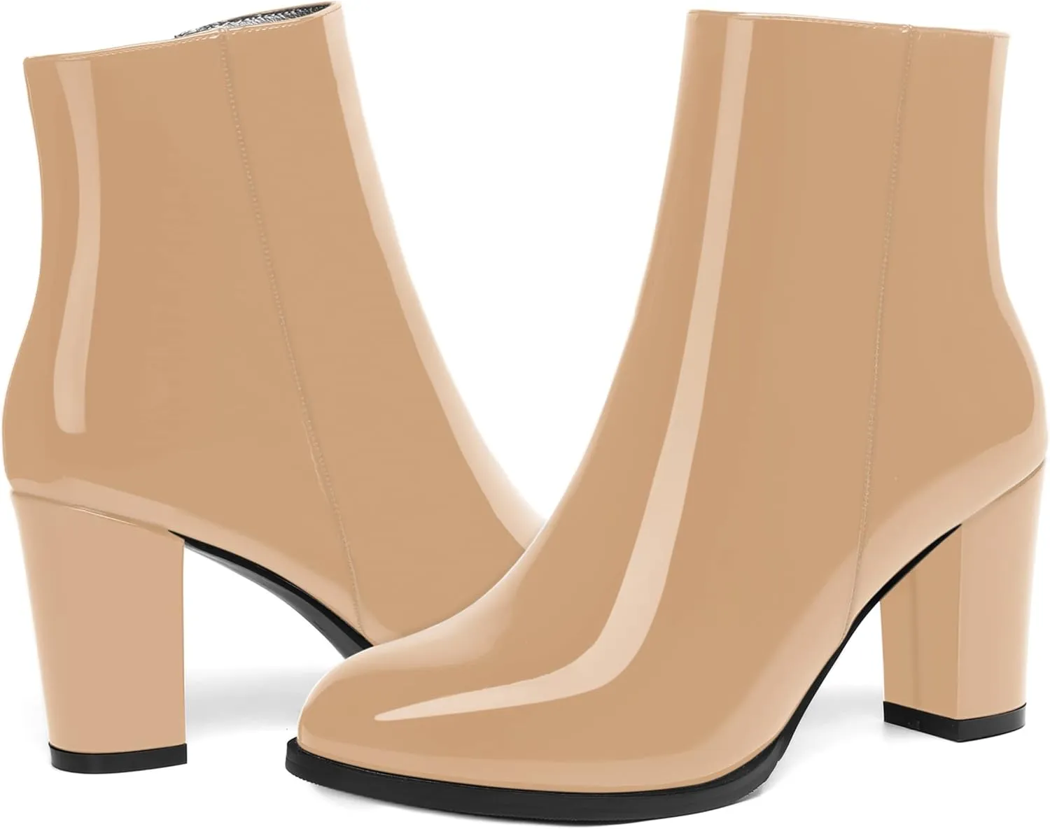 ROSERWISH Womens Fashion Casual Fall Winter Patent Round Toe Side Zip Block High Heel Ankle High Boots 3.5 Inch