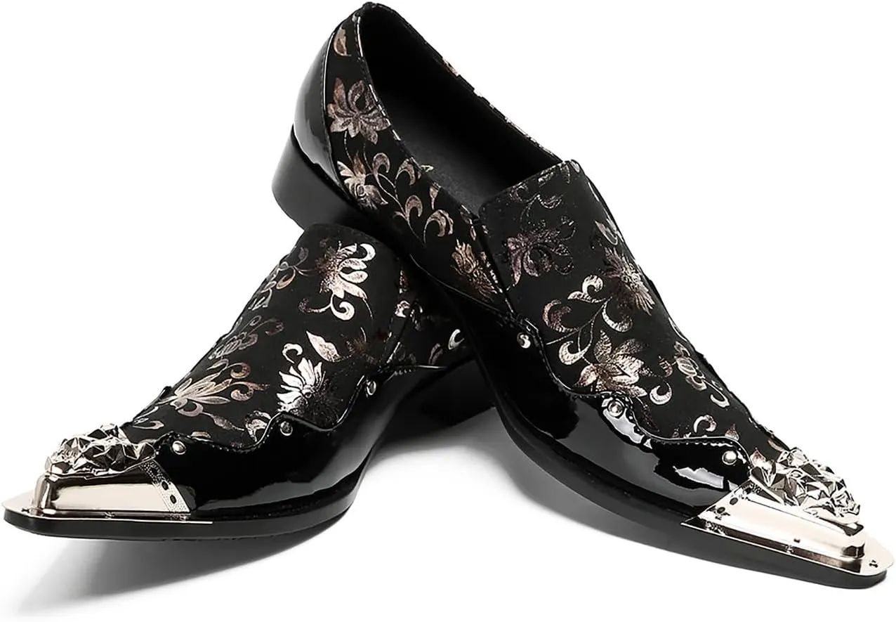 Santimon Mens Loafers Party Casual Black Dress Shoes Men Leather Metal Tip Toe Slip On Penny Loafers Disco Tuxedo Prom Western Summer Shoes
