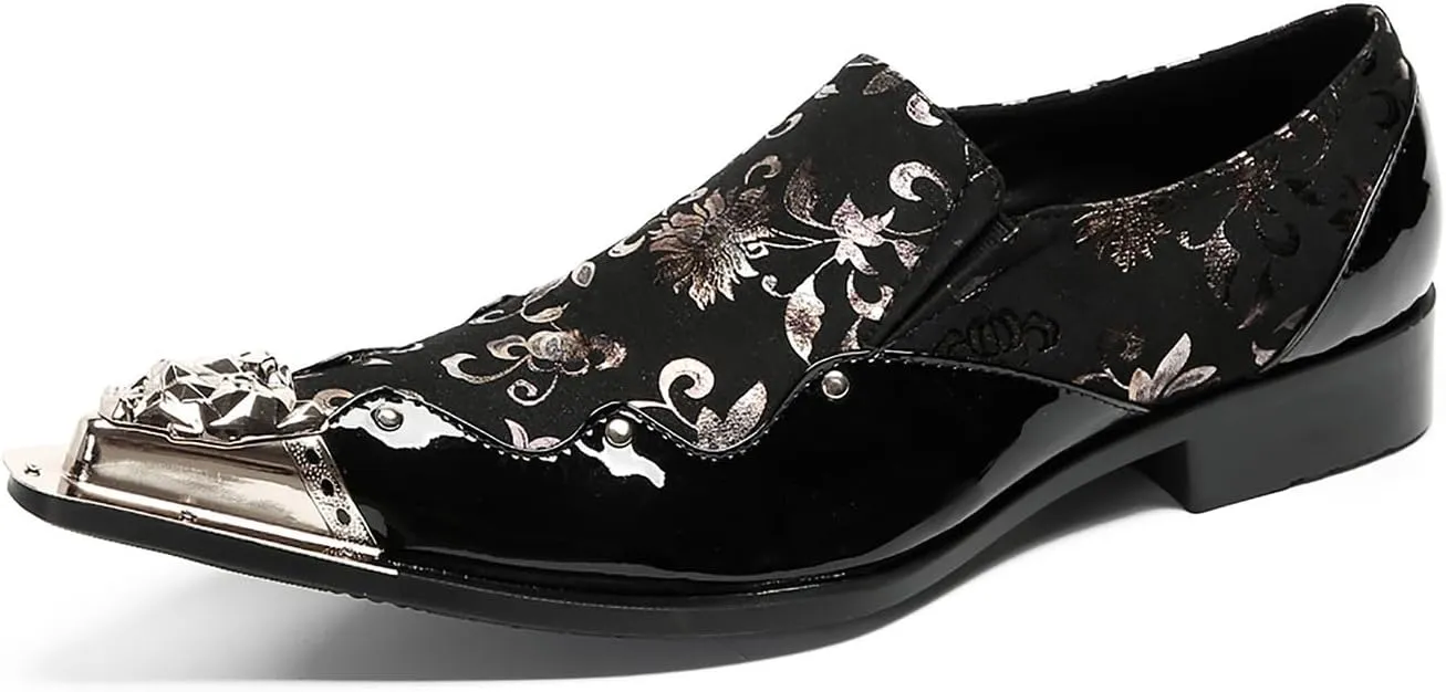 Santimon Mens Loafers Party Casual Black Dress Shoes Men Leather Metal Tip Toe Slip On Penny Loafers Disco Tuxedo Prom Western Summer Shoes