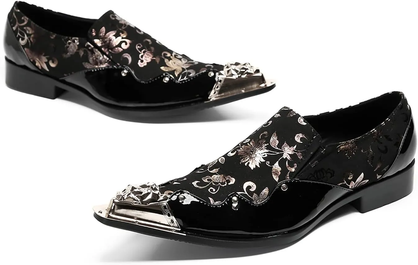 Santimon Mens Loafers Party Casual Black Dress Shoes Men Leather Metal Tip Toe Slip On Penny Loafers Disco Tuxedo Prom Western Summer Shoes