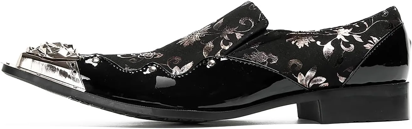 Santimon Mens Loafers Party Casual Black Dress Shoes Men Leather Metal Tip Toe Slip On Penny Loafers Disco Tuxedo Prom Western Summer Shoes