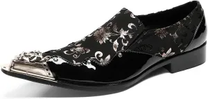 Santimon Mens Loafers Party Casual Black Dress Shoes Men Leather Metal Tip Toe Slip On Penny Loafers Disco Tuxedo Prom Western Summer Shoes